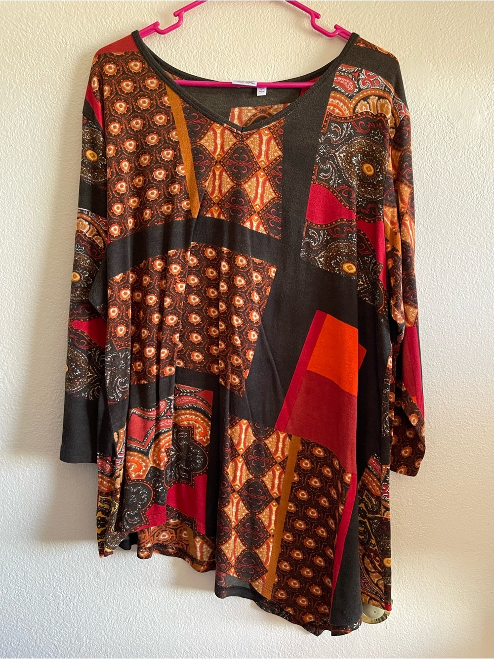 Parsley & Sage Patchwork V-Neck Tunic in Red, Orange, Brown, Black Plus Size 3X